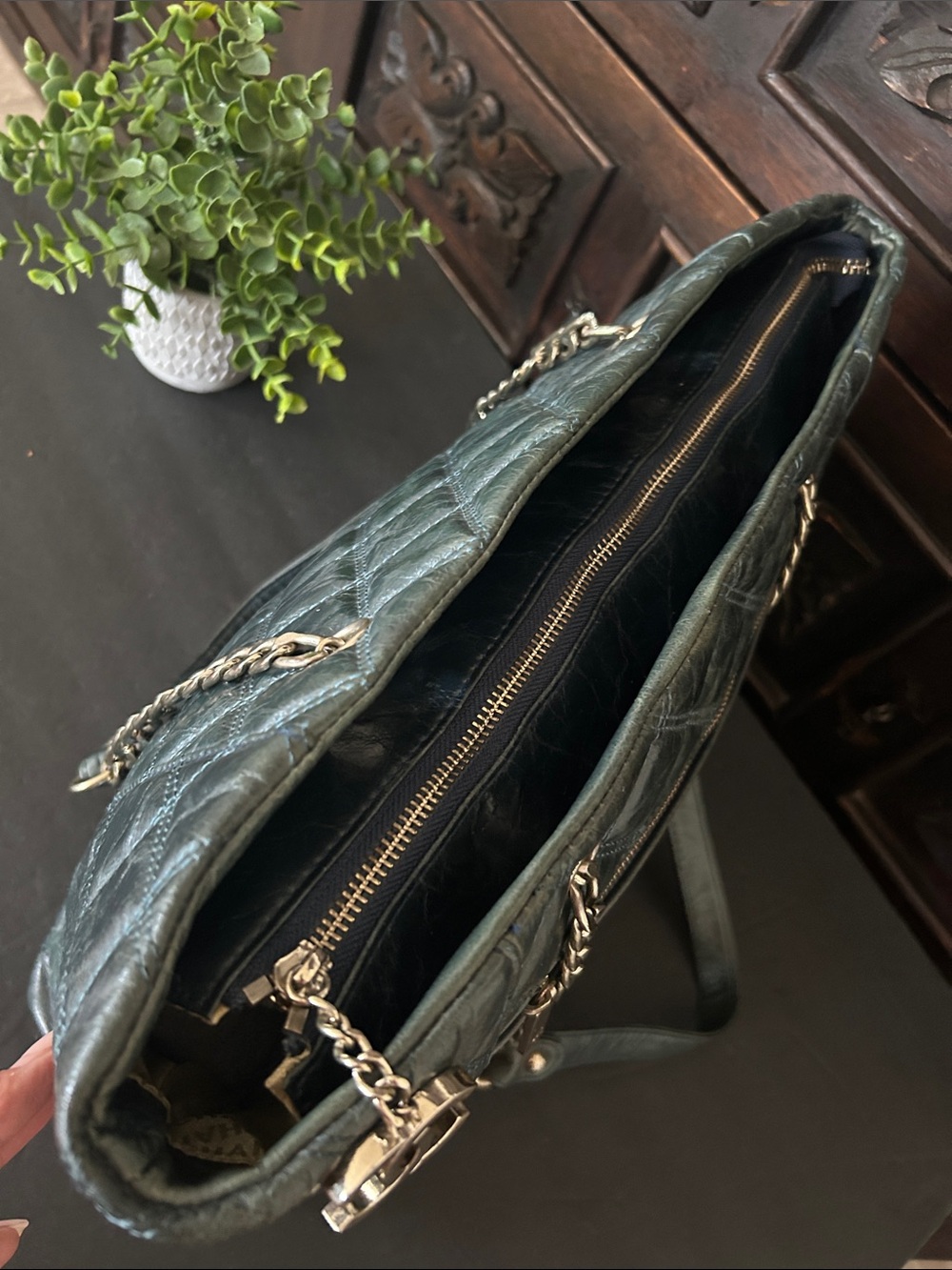 Beautiful Quilted Dark Green Leather Tote with Chain Straps - Picture 8 of 17